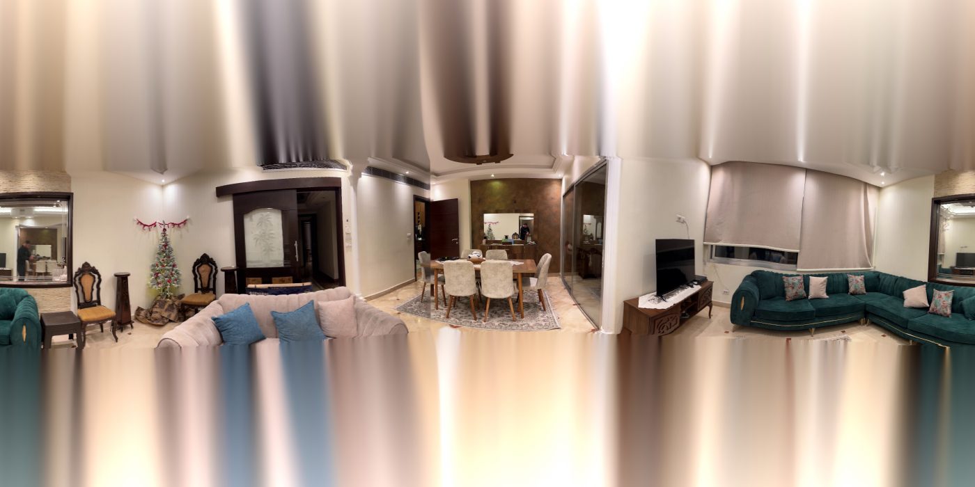 The finished equirectangular panorama, a full 360 degree view of the living room